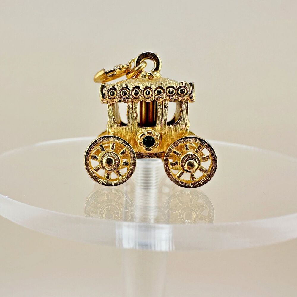 Vintage Monet Carriage Charm Gold Tone Multicolor Rhinestone Clip Spring Ring
